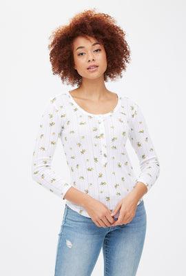 Haut Henley en tricot pointelle brossé et manches longues