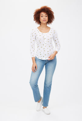 Haut Henley en tricot pointelle brossé et manches longues