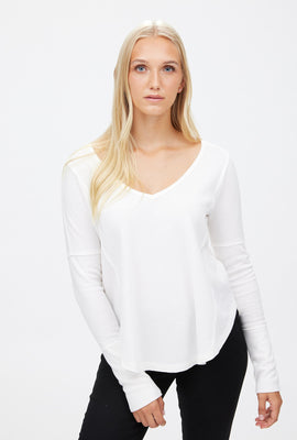 Haut col en V thermique avec couture exposée  et manches longues