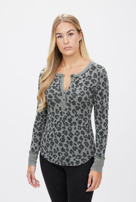 Haut Henley thermique à imprimé leopard manche long