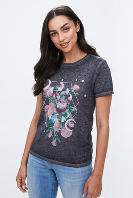 T-shirt classique à imprimé fleuri et cycle lunaire