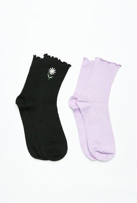 AERO Embroidered Ruffle Graphic Demi Crew Socks 2-Pack
