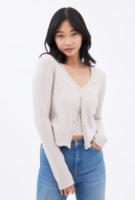 AERO Lettuce Edge Button-Up Long Sleeve Top
