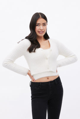 Cardigan en laine mohair pelucheux boutonné à l'avant