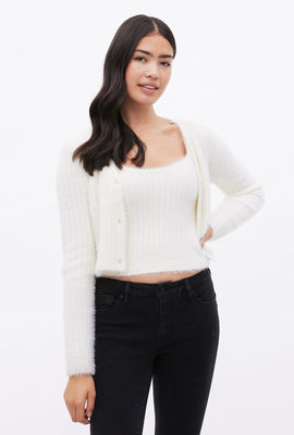 Cardigan en laine mohair pelucheux boutonné à l'avant