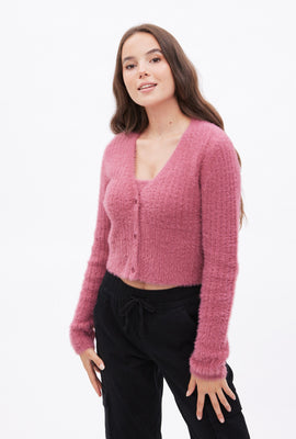 Cardigan en laine mohair pelucheux boutonné à l'avant
