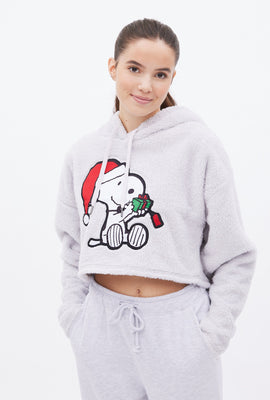 Haut à capuchon à enfiler coupe court carré en sherpa brodé Snoopy