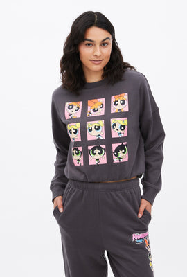Powerpuff Girls Crop Graphic Crew Neck Pullover Sweatshirt