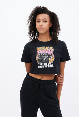 T-shirt ultra écourté à imprimé 'Kiss Let Me go Rock 'N Roll'