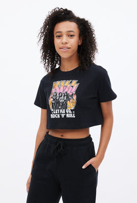 T-shirt ultra écourté à imprimé 'Kiss Let Me go Rock 'N Roll'
