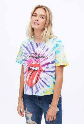 T-shirt teint noué coupe court carrée à imprimé graphique The Rolling Stones