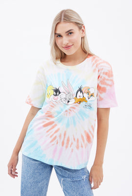 T-shirt Visages Tunes Squad teint noué coupe Boyfriend à imprimé graphique