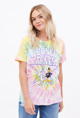 T-shirt coupe garçonne teint noué à imprimé graphique Looney Tunes Squad étoile