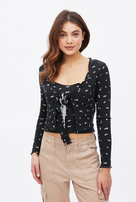 Cardigan AERO court à imprimé fleuri attaché à l'avant avec bordure ondulée